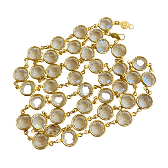 Jewelry - VTG Open Bezel Austrian Clear Crystal Necklace Gold Plated Regal 12mm Strand 35"